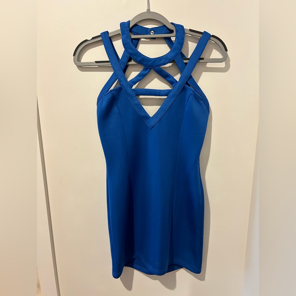 Blue mini dress with cross over design